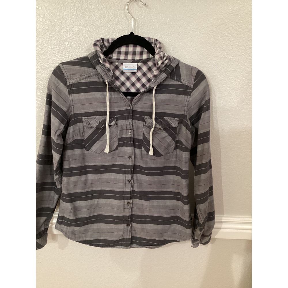 Columbia Womens Hooded Shirt Gray Striped Button Down‎ Top XS Casual - Picture 2 of 6